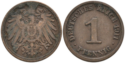 Германия 1 пфенниг 1911 A KM 10, J. 10 медь 4576-162