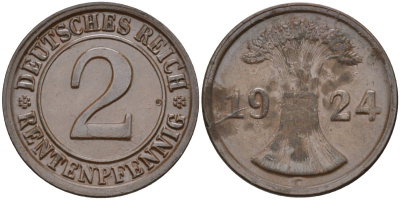 Германия 2 рентенпфеннига 1924 G KM 31, J.307, Weege 3 медь 4584-624