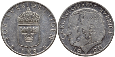 Швеция 1 крона 1990 Карл XVI Густав (1973- ) KM 852a медно-никель 4398-1235
