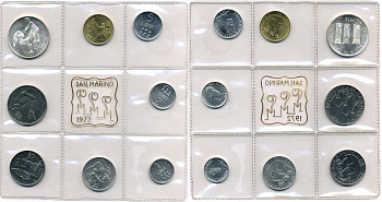 Сан-Марино годовой набор из 8 монет 1972 1, 2, 5, 10, 20, 50, 100 и 500 лир мать поднимает ребенка в воздух KM 14-21, в оригинальной пластиковой запайке серебро KM MS1 серебро UNC 2-5-1-46