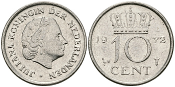 Нидерланды 10 центов 1972 Юлиана (1948-1980) KM 182 никель 96-365