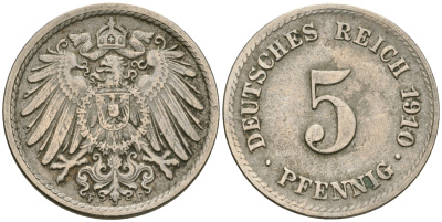 Германия 5 пфеннигов 1910 F KM 11, Jager 12, Weege 6 медно-никель 08-1421