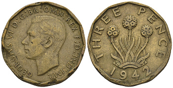 Великобритания 3 пенса 1942 Георг VI (1936-1952) KM 849, Spink 4112 никель латунь 4610-1054