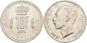 Люксембург 10 франков 1971 Великий герцог Жан (1964-2000) KM 57 никель 69-623
