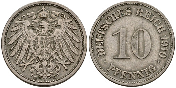 Германия 10 пфеннигов 1910 G KM 12, J. 13 медно-никель 4539-736