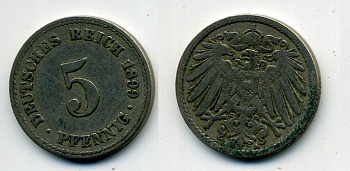 ГЕРМАНИЯ 5 ПФЕННИГОВ 1899 A, KM 11, J. 12 медно-никель 58-443