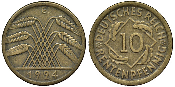 Германия 10 рентенпфеннигов 1924 E KM 33, J. 309 алюминиевая бронза 4121-851