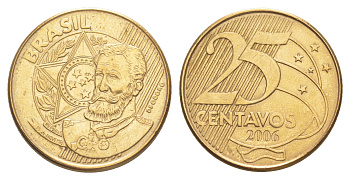 Бразилия 25 сентаво 2006 KM 650.1 сталь плакированная латунью 4642-1123