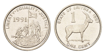 Эритрея 1 цент 1991 краснолобая антилопа KM 43 сталь плакированная никелем UNC 4640-447