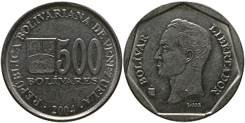 Венесуэла 500 боливар 2004 KM 94 сталь плакированная никелем 4565-244