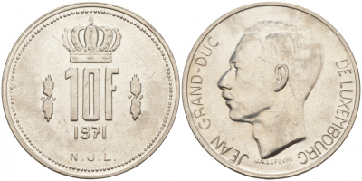 Люксембург 10 франков 1971 Великий герцог Жан (1964-2000) KM 57 никель 69-623