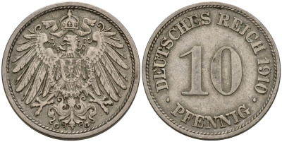 Германия 10 пфеннигов 1910 G KM 12, J. 13 медно-никель 4539-736