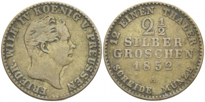 Пруссия 2 1/2 серебряного гроша 1852 А, Фридрих Вильгельм IV (1840-1861) KM 444, Olding 323, AKS 87, Jaeger 65 серебро    105-1259