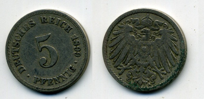 ГЕРМАНИЯ 5 ПФЕННИГОВ 1899 A, KM 11, J. 12 медно-никель 58-443