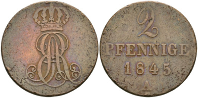 Ганновер 2 пфеннига 1845 A, Эрнст Август (1837-1851) KM 174, Jaeger 55 AKS 122 медь 08-923