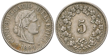Швейцария 5 раппенов 1894 B KM 26 медно-никель 4158-655