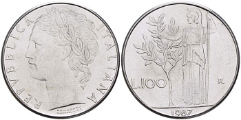 ИТАЛИЯ 100 ЛИР 1987 R, АФИНА KM 96.1 нержавеющая сталь 4526-341