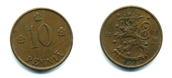 Финляндия 10 пенни 1924 республика (1918-1962) KM 24 медь 46-1354