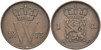 Нидерланды 1 цент 1873 Виллем III (1849-1890) KM 100 медь 4575-927
