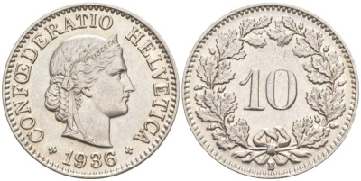 ШВЕЙЦАРИЯ 10 РАППЕНОВ 1936 В KM 27b никель 3309-1231