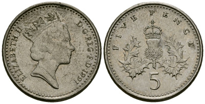 Великобритания 5 пенсов 1991 Елизавета II (1952-2022) KM 937b, Spink 4372 (D4) медно-никель 4173-1242