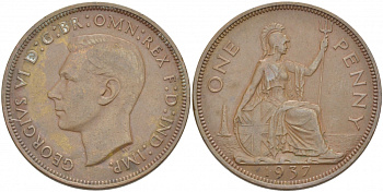 Великобритания 1 пенни 1937 Георг VI (1936-1952) KM 845, Spink 4114 бронза 215-326