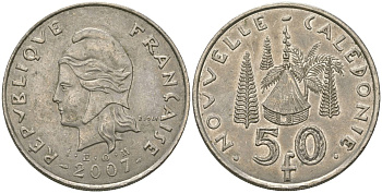 Французская Новая Каледония 50 франков 2007 хижина среди сосен и пальм, (IEOM) KM 13a, Schoen 15a, Lec 128i медно-никель 114-245