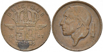 БЕЛЬГИЯ 50 САНТИМОВ 1967 BELGIQUE KM 148.1 бронза 96-1216