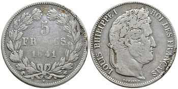 Франция 5 франков 1841 W, Луи Филипп I (1830-1848) KM 749.13 серебро 4386-333