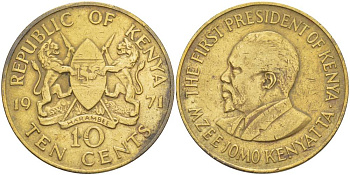 Кения 10 центов 1971 Джомо Кениата KM 11 никель латунь 4545-843