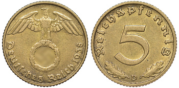 Германия 5 рейхспфеннигов 1938 D KM 91, J. 363 алюминиевая бронза 4602-1256
