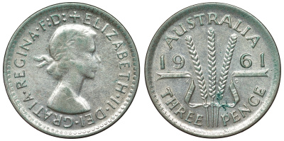 Австралия 3 пенса 1961 m, Елизавета II (1952-2022) KM 57 серебро 71-724
