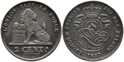 БЕЛЬГИЯ 2 САНТИМА 1857 KM 4.2 медь 3334-531