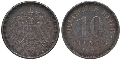 Германия 10 пфеннигов 1921 A KM 20, J. 298 железо 4119-241