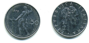 ИТАЛИЯ 50 ЛИР 1979 R, КУЗНЕЦ KM 95.1 нержавеющая сталь 72-614