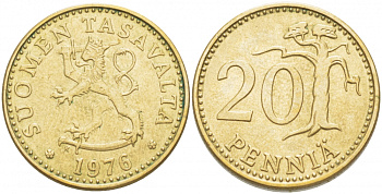 ФИНЛЯНДИЯ 20 ПЕННИ 1976 K KM 47 алюминиевая бронза 3718-625