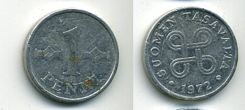 Финляндия 1 пенни 1972 KM 44a алюминий 61-1212