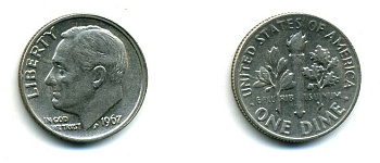 США 10 центов (дайм) 1967 Рузвельт KM 195а медь плакированная медно-никелем 46-2353