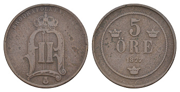 Швеция 5 эре 1877 Оскар II (1872-1907) KM 736 бронза 4654-936