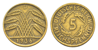 Германия 5 рейхспфеннигов 1936 D KM 39, J. 316 алюминиевая бронза 4549-539