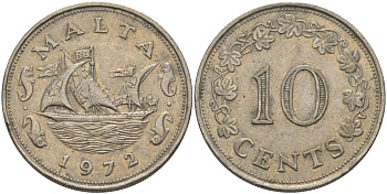 Мальта 10 центов 1972 баржа Великого магистра KM 11 медно-никель 82-422