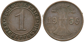Германия 1 рейхспфенниг 1936 A KM 37, J. 313 бронза 4528-1122