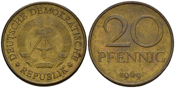 ГДР 20 пфеннигов 1969 A, первый год KM 11 латунь 4601-541