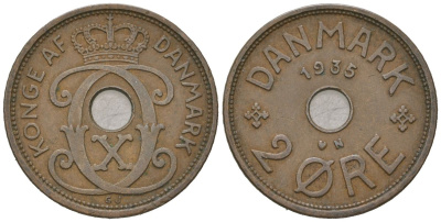 Дания 2 эре 1935 N; S, Кристиан X (1912-1947) KM 827 бронза 212-925
