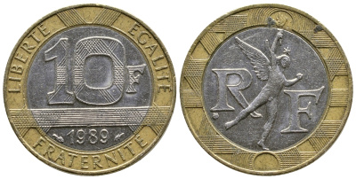 Франция 10 франков 1989 тип гений Бастилии KM 964.1, Le Franc 375.3 биметалл  51-5131
