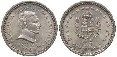 Уругвай 25 сентесимо 1960 KM 40 медно-никель 4169-822