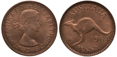 Австралия 1 пенни 1964 m, Елизавета II (1952-2022), кенгуру KM 56 бронза UNC 3460-423