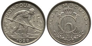 ЛЮКСЕМБУРГ 1 ФРАНК 1928 СТАЛЕВАР, ДИАМЕТР 22,8 ММ., ВЕЛИКАЯ ГЕРЦОГИНЯ ШАРЛОТТА (1919-1964) KM 35 никель 4538-857