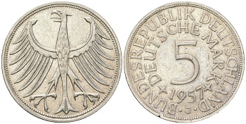 ФРГ 5 марок 1957 J KM 112 серебро 117-637
