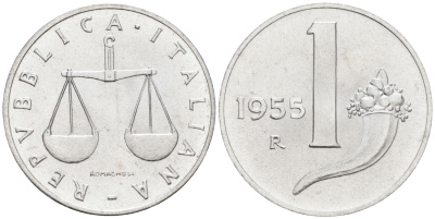 Италия 1 лира 1955 R, весы KM 91 алюминий  UNC  4594-624